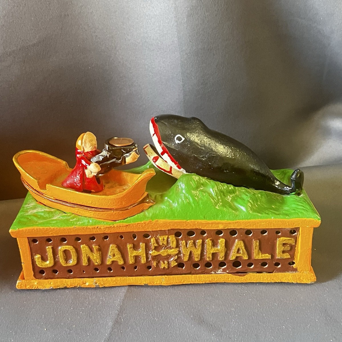 Working Jonah Whale Cast Iron Mechanical Coin Bank Vintage Taiwan 