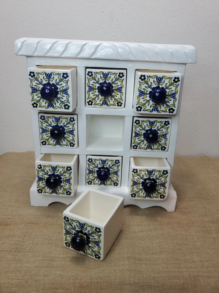 Apothecary 9 Wooden Drawer Porcelain /Ceramic Cabinets Tabletop Farmhouse  - Image 2 of 4