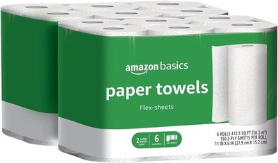Amazon Basics 2-Ply Flex-Sheets Paper Towels, 12 Basics Rolls = 32 Regular Rolls