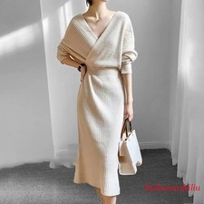 Knitted Midi Dress Women'm V Neck Sweater Dresses Long Sleeve Slim Sweater Skirt