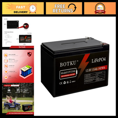 12V 15Ah Lithium Iron Phosphate Battery - Deep Cycle, 3000+ Cycles, 20A BMS, Sol