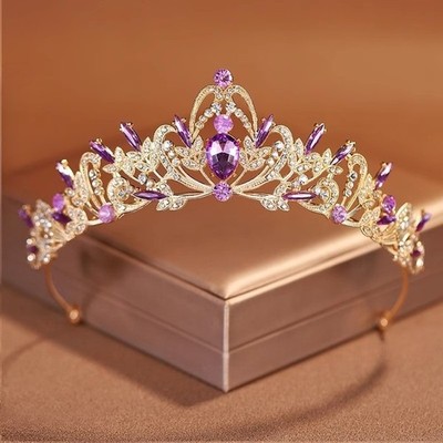 Gold & Purple Crystal Tiara Crown Women Royal Wedding Birthday Party Headpiece