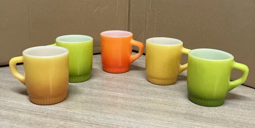 5 Vintage Anchor Hocking Fire King Cup Mug Ribbed Base Stackable