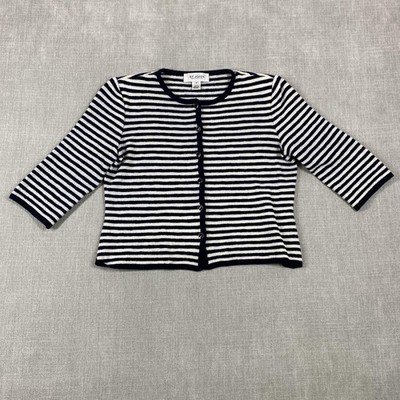 St. John Collection Cardigan Womens Small Navy White Striped 3/4 Sleeve Crop