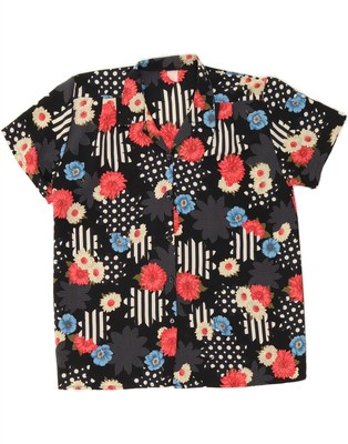 VINTAGE Womens Short Sleeve Shirt UK 20 2XL Black Floral AO09
