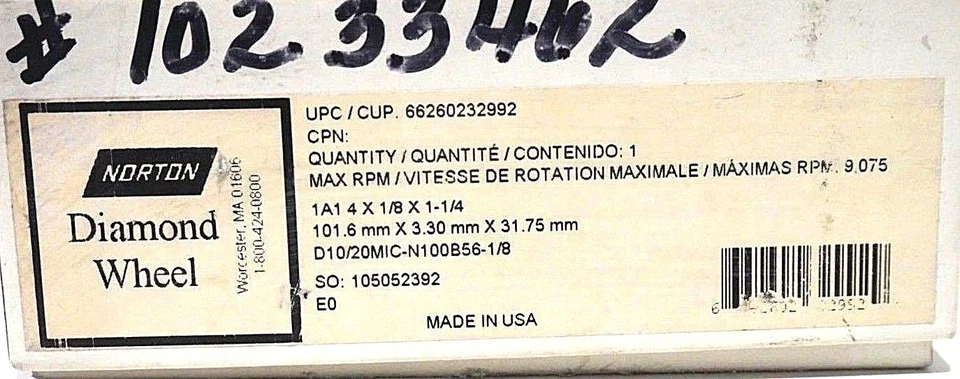 NEW NORTON D10/20MIC-N100B56-1/8 GRINDING WHEEL A1A 4X1/8X1-1/4 - Image 2 of 2