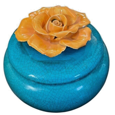 Hand Painted Art Potter yLidded Trinket Dish With Sculpted Yellow Flowers