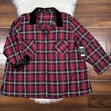 John Mark Women's Size 3X Red Plaid Button Up Cinched Sleeve Shirt Top