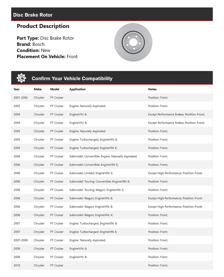 Rotor de freno de disco delantero para Chrysler PT Cruiser Bosch QuietCast 2001-2010 2002 Foto 2 de 4
