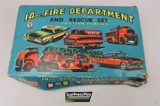 SSS Japan Fire Dept & Rescue 14 Pc. Tin Friction Toy Set Near Complete w/Box
