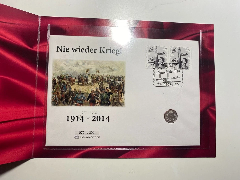 2014 Germania PhilaGlobe Folder Mai Piu' Guerra + 50 Para Argento Serbia LE 200 - Immagine 2 di 4