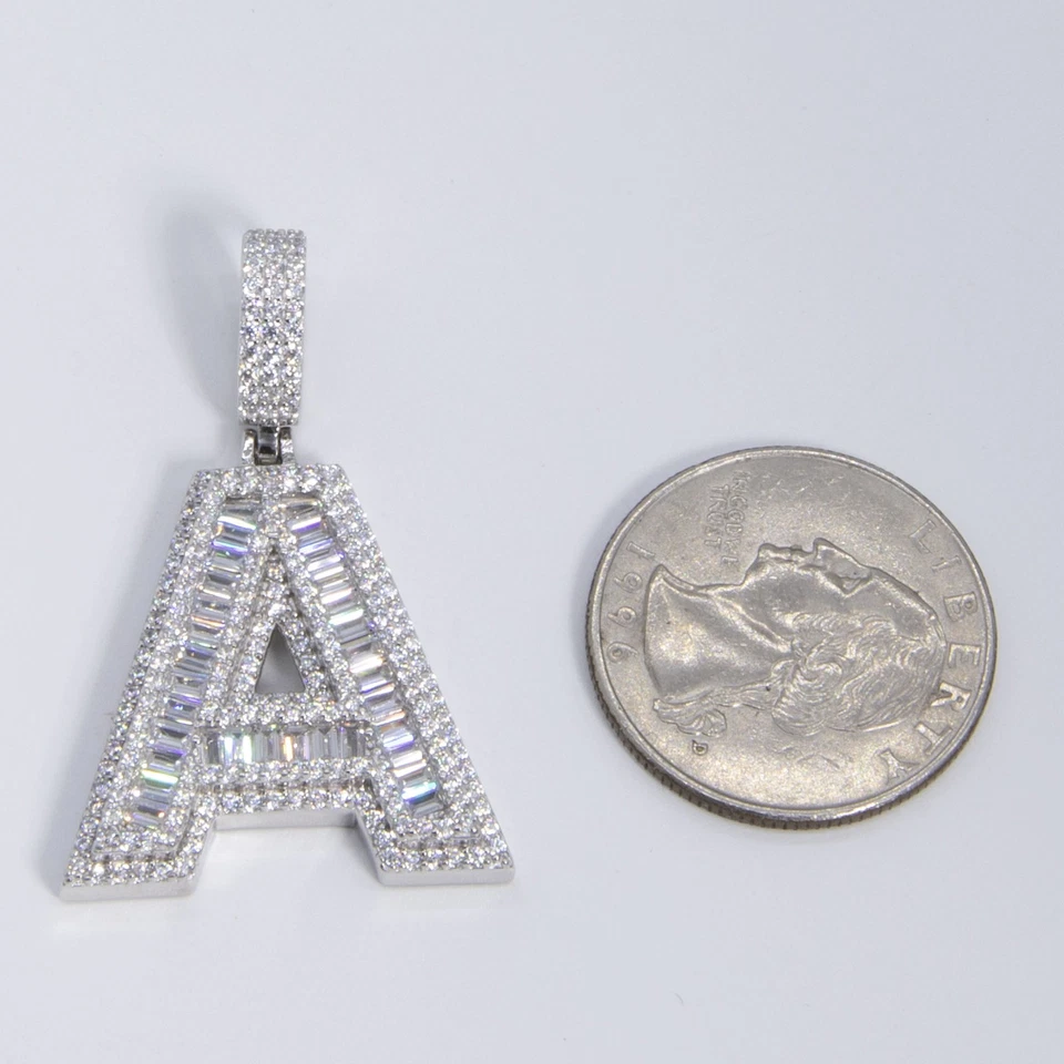 3.8cm Lucido Baguette Blocco Lettere Iniziale Ciondolo Argento Sterling - Immagine 3 di 4