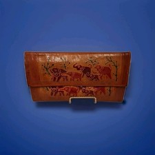 Vintage Embossed Tooled Leather Clutch Purse Handmade Elephants
