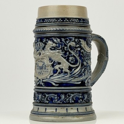 Antique German Beer Stein J.W. Remy    Bavarian Coat of Arms Stoneware 1L