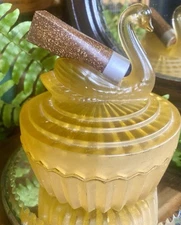 Vintage 1930's Amber Satin Glass Swan Lipstick & Powder Jar by Jeanette Glass Co