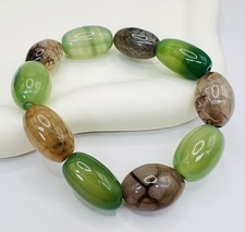 Green Brown Stone Bead Stretch Bracelet Handmade Boho Chunky One of a Kind