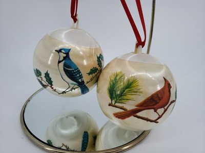 2 Vintage Satin Thread Ball With Birds Christmas Ornaments READ DESCRIPTION 