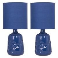 Set of 2 Navy Blue Dimple Ceramic 29cm Table Lamp Bedside Lights Matching Shade