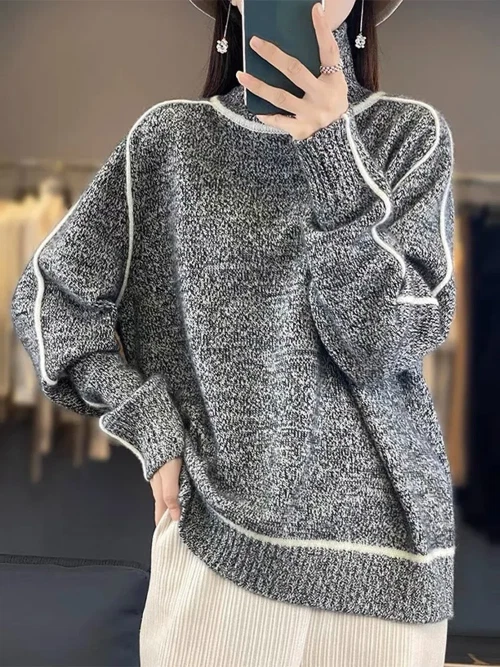 Stripe Faux Cashmere Sweater Women Turtleneck Loose Knitted Pullover All-match - Image 3 of 4