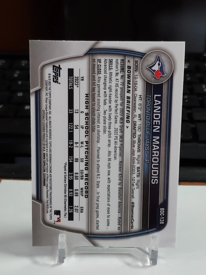 2023 Bowman Chrome Sapphire Landen Maroudis 1st BDC-138 prospect Blue Jays - Image 2 of 2