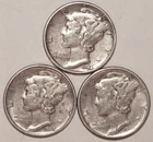 (3) Mercury Dimes - Very Fine/Extra Fine - 1944 1945D 1945 - #3178ED