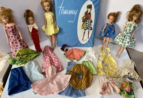 Vintage 1960s Ideal Tammy Doll Lot w/Pepper, Misty, Tressy + Blue Case & Clothes