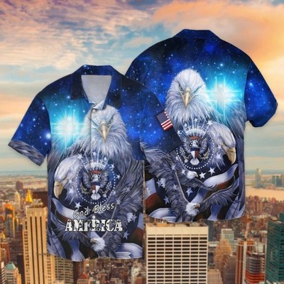 4th Of July Independence Day Amercan Eagle God Bless Hawaiian Shirt - Full Size