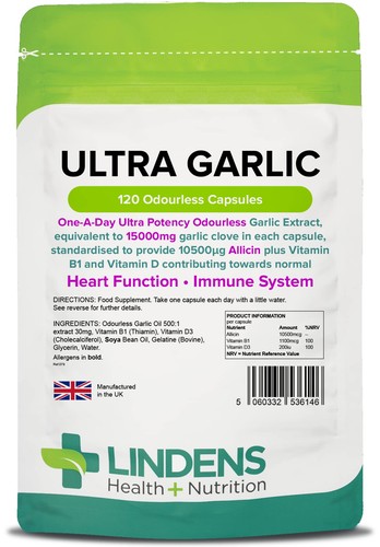 Lindens Ultra Garlic Odourless Capsules - 120 Pack - Vitamin B1 and D3 for 