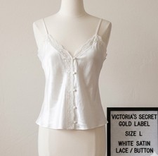 Vintage Victoria's Secret Gold Label Satin Camisole Top White Lace Button L
