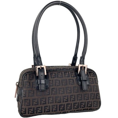 FENDI Zucchino Canvas Fabric Leather Dark Brown Handbag 4343