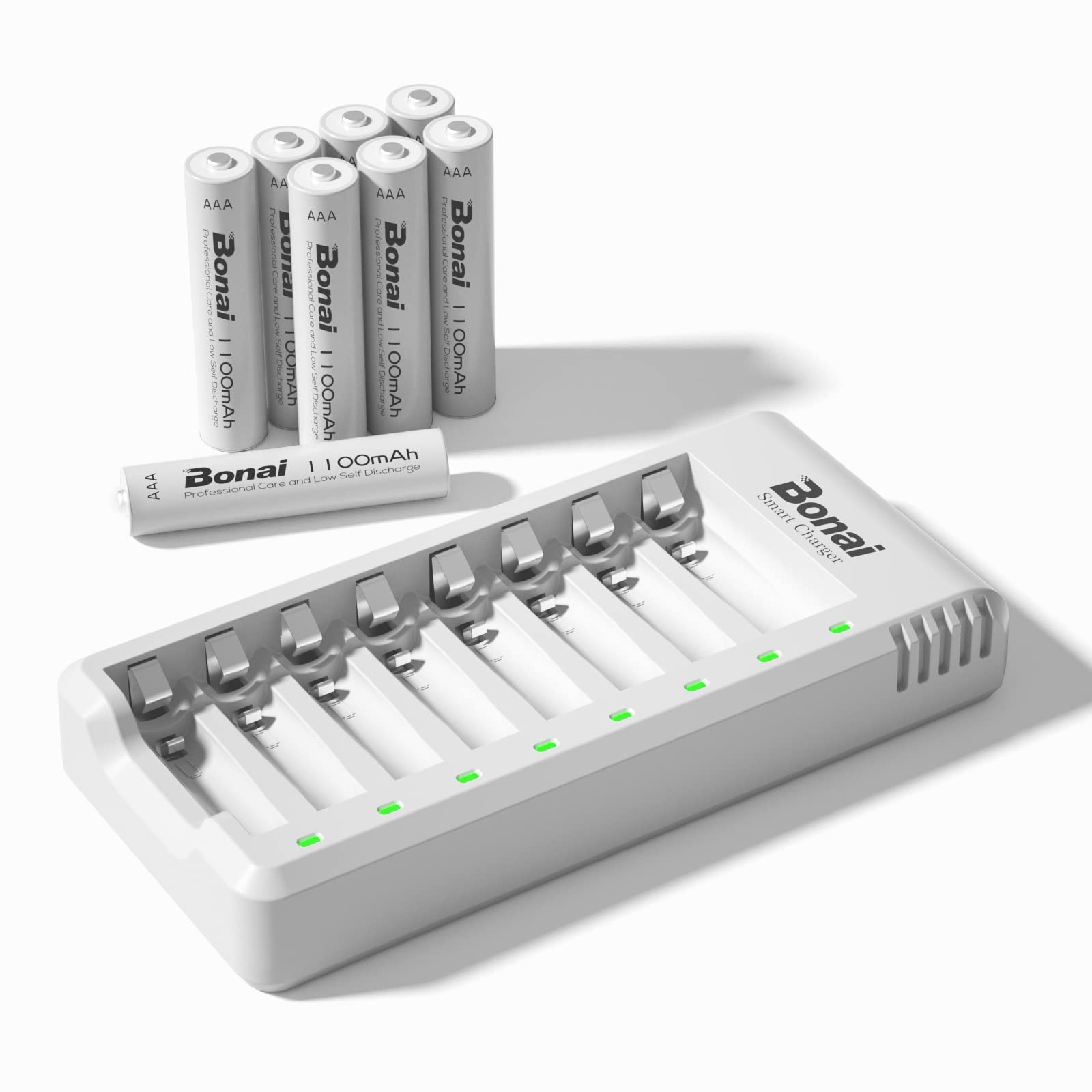BONAI Caricabatterie universale 8 slot con 8 batterie ricaricabili AAA 1100 mAh 