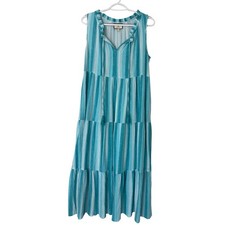Tuckernuck Teal White Striped Cotton Tiered Maxi Dress Sleeveless Small