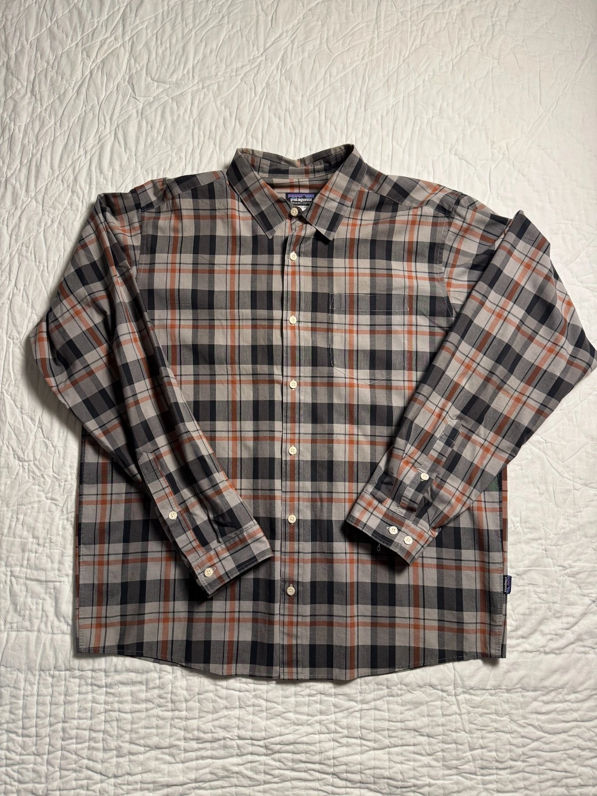 Patagonia Mens Button Up Shirt Gray Orange Plaid Long Sleeve Outdoor Size L