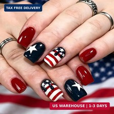 24Pcs 4th of July Press on Nails Short,Red White Blue Square False Nails for Ind