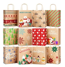 12 Unique Christmas Kraft Paper Gift Bags, Durable Handles & Non-Breaking Bot...