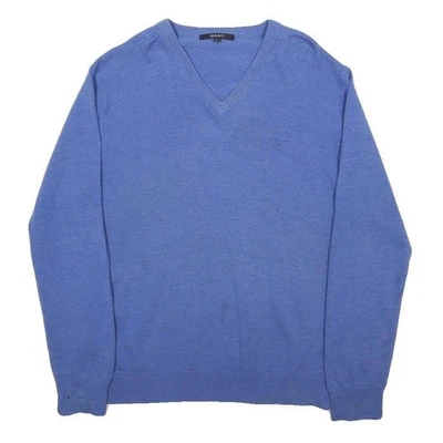 GANT Pull Col V Basique Maille Unie En Laine Bleu Homme Taille L - Photo 1/4