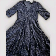 Taylor Navy ¾ Sleeve Dress Womens SZ 2 Blue Lace Lined Knee Length V-Neck    CB2