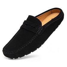 Mens Handmade Suede Leather Mules Clog Slippers Breathable Leather 9.5 Black