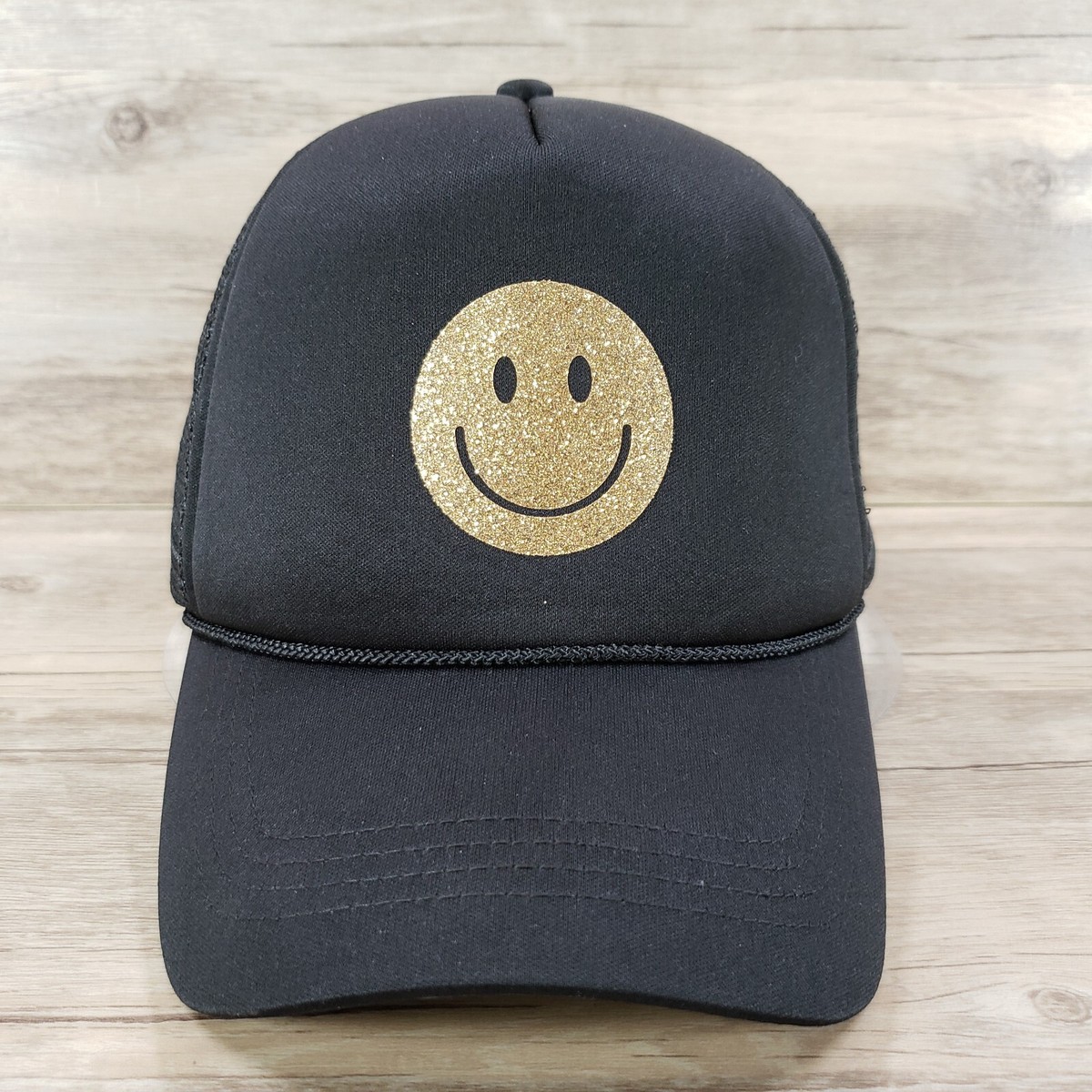 Happy Face Hat Cap Snapback Trucker Black Mesh Sparkly Smiley