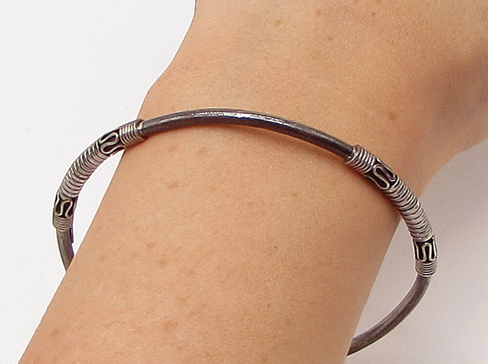 BALI 925 Sterling Silver Vintage Swirl Wire Wrapped Bangle Bracelet BT1196