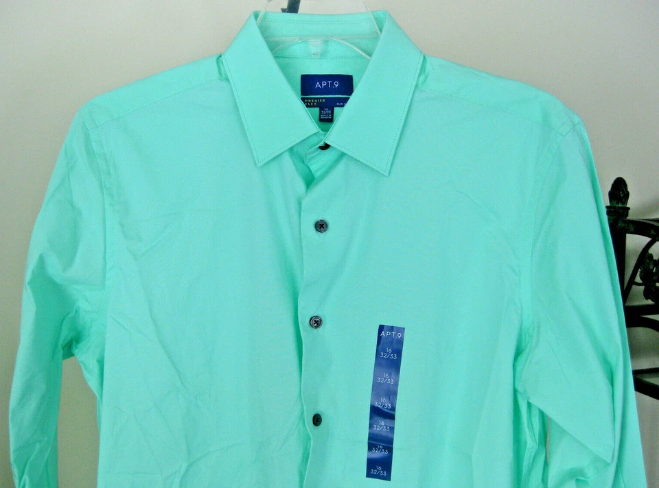 APT. para hombre nuevo con etiquetas. Camisa de vestir 9 LS talla 16 32/33 verde menta calce ajustado algodón elástico Foto 4 de 4