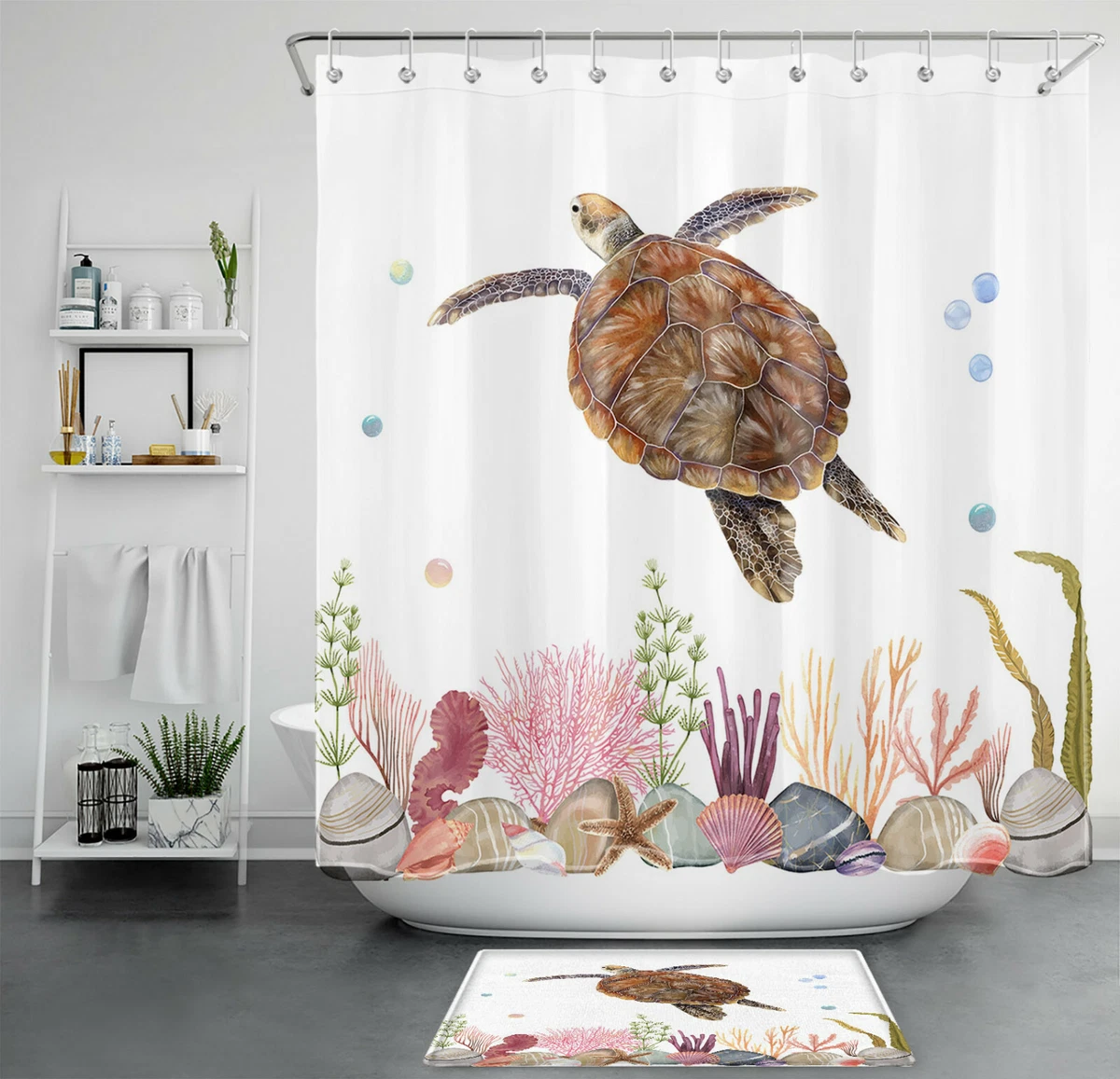 Marine Life Sea Turtle Shell Coral Colorful Bubble Shower Curtain Bathroom  Decor