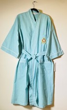Vintage Pierre Cardin Bath Robe Mens Aqua Blue White Trim Kimono Sleeve Tie Belt