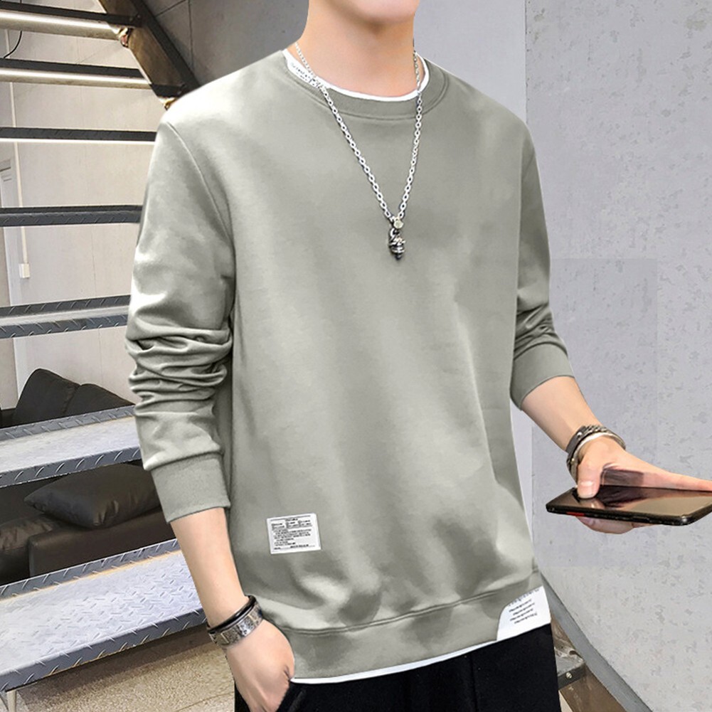 Mens Pullover Solid Color Sports Top T-Shirt Baggy Blouse Casual Long  Sleeve T