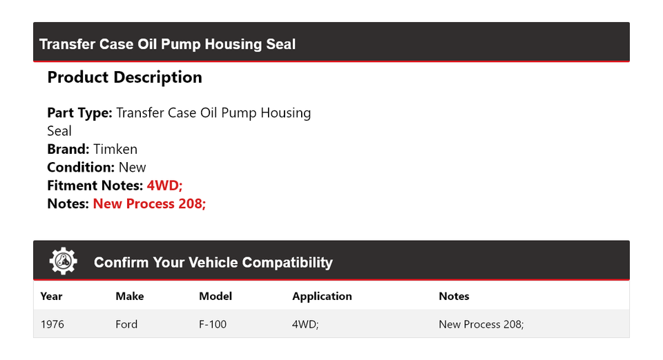 For 1976 Ford F100 4WD Transfer Case Oil Pump Housing Seal Timken eBay