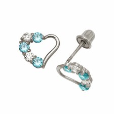 Baby Girl Topaz  Sapphire Heart Stud Earrings Screw Back 14K White Gold