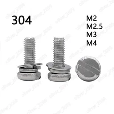 304 Stainless Steel Slotted Pan Head SEMS Screw Flat Spring Washer M2 M2.5 M3 M4