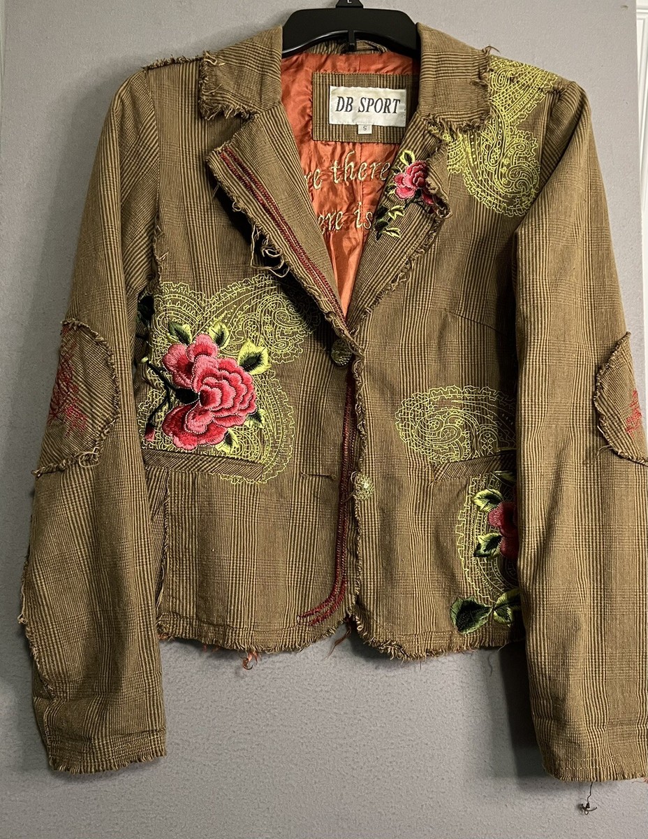 Tan DB Sport Womens Blazer Embroidered Floral Jacket Frayed