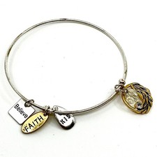 Vintage KIS Two Tone Inspirational Charm Wire Bangle Bracelet Faith Believe Y2K