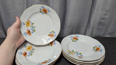 Lot Of 8 Vintage JRJS CLUJ White Floral Gold Trim Salad Plates  Romania